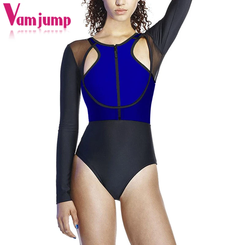VamJump с длинным рукавом Zip Front купальники Для женщин Лето 2018 Цвет блок бикини APSW5878