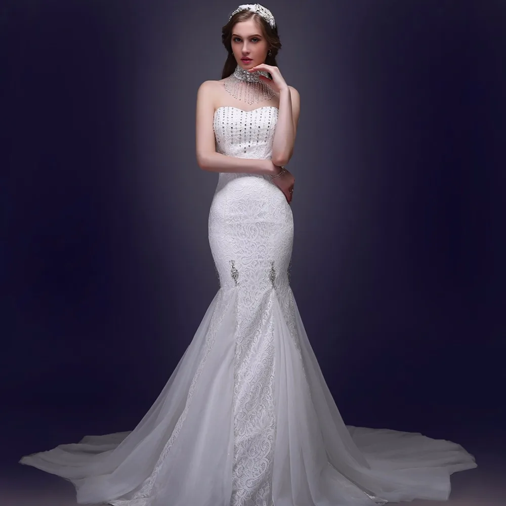 Sexy New Arrival Elegant High Neck Mermaid Wedding Dresses Appliques Beaded Lace up Back Tulle Bridal Vestidos De Novia | Свадьбы и