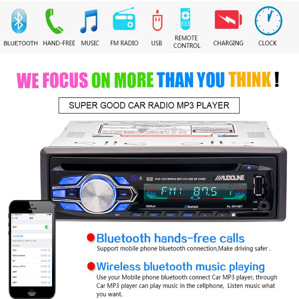 Podofo Авторадио 12 В Автомагнитола Bluetooth 1 din автомобильный стерео CD dvd-плеер телефон AUX-IN MP3 FM/USB/Радио дистанционное управление Автозвук