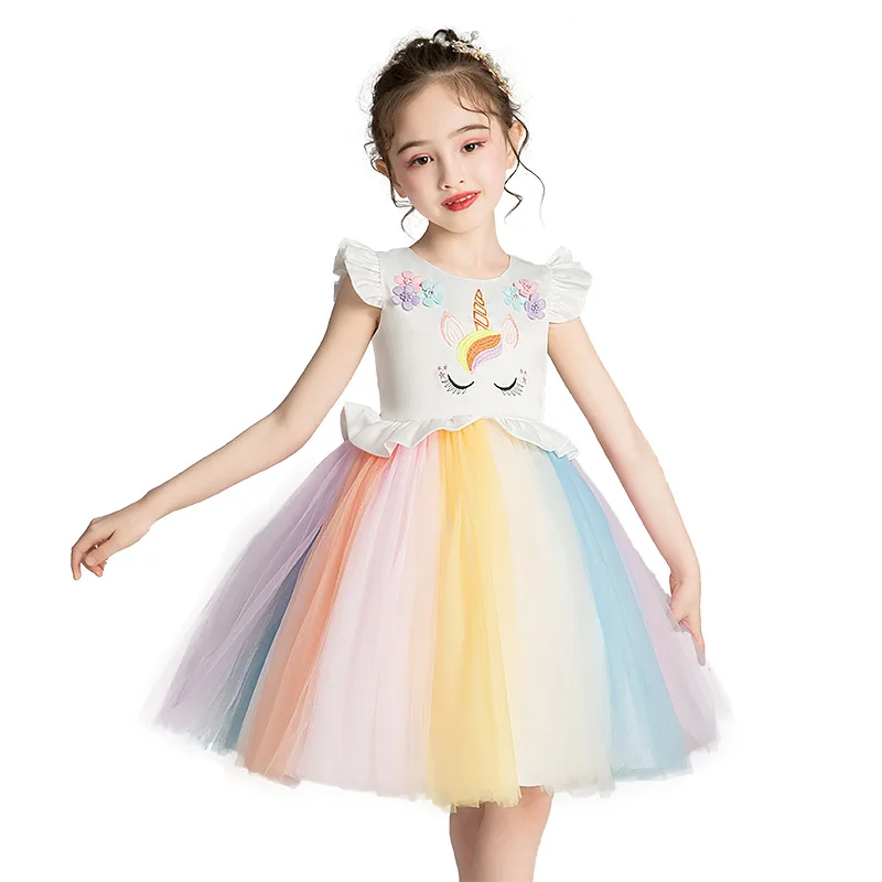 

Sweet Rainbow Tulle Embroidered Unicorn Sleeveless Fancy New Girl Dress Teenager Holiday Halloween Carnival Party Cosplay Frocks