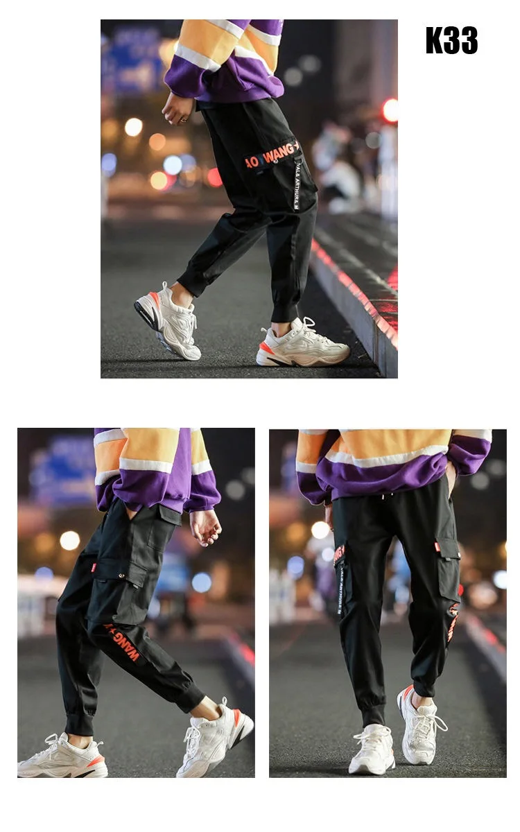 Уличная одежда, черные шаровары, Мужские штаны в стиле панк с эластичной резинкой на талии с лентами, повседневные узкие штаны для бега, мужские брюки в стиле хип-хоп