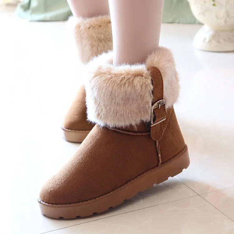 

Women's Winter Warm Classic buckle Snow Boots Ladies Fur Suede Flat Black Shoes Female Fashion Footwear ST315
