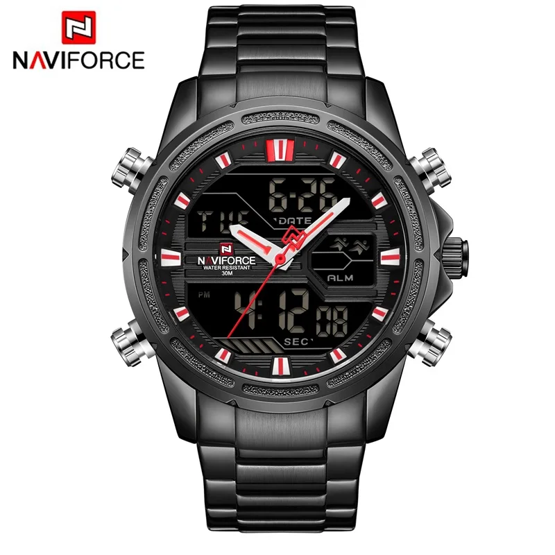 Black red Новинка, NAVIFORCE, Мужские Аналоговые часы, Роскошные, модные, спортивные, водонепроницаемые, кварцевые наручные часы, полностью стальные, мужские часы, Relogio Masculino - Цвет: Black red