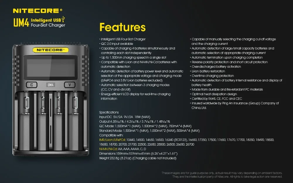 Интеллектуальное зарядное устройство NITECORE UM4 с 4 слотами USB ЖК дисплей доступны