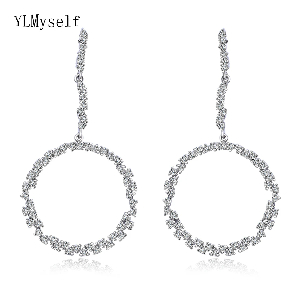 

Big Round Dangle Earrings Circle Jewellery Rhodium plate Jewelry Bright CZ Evening Dinner Party Women's earring