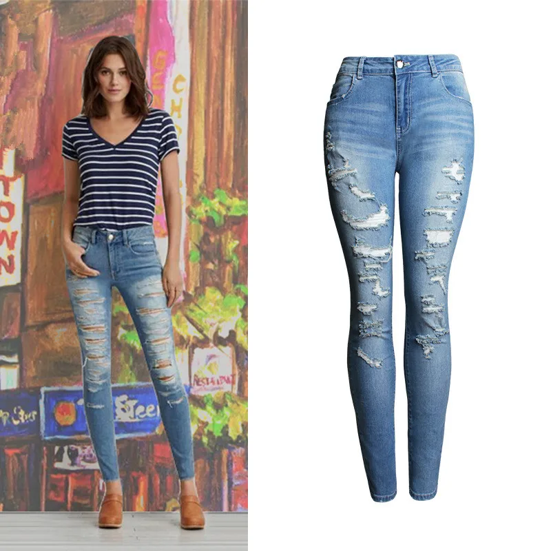 2018 women clothing casual fashion hole ripped tight elastic cotton jeans Female high waist skinny washed denim pencil pants 049 | Женская