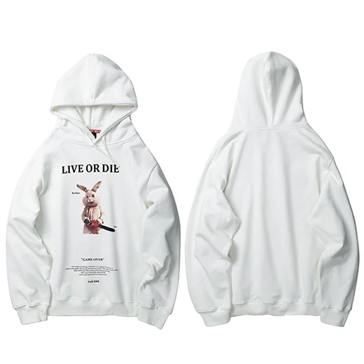 A31W2075 White Мужская толстовка с капюшоном в стиле хип-хоп, уличная одежда, Забавный принт кролика, Harajuku, пуловер с капюшоном, хлопок, осень, модная свободная толстовка с капюшоном - Цвет: A31W2075 White
