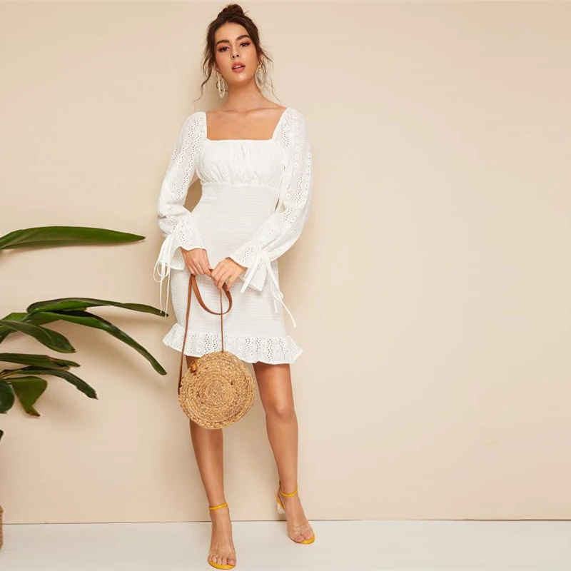 SHEIN Оригинальное Платье В Стиле 80-х С Квадратным Вырезом, Легкое Летнее Облегающее Платье С Ажурными Рукавами