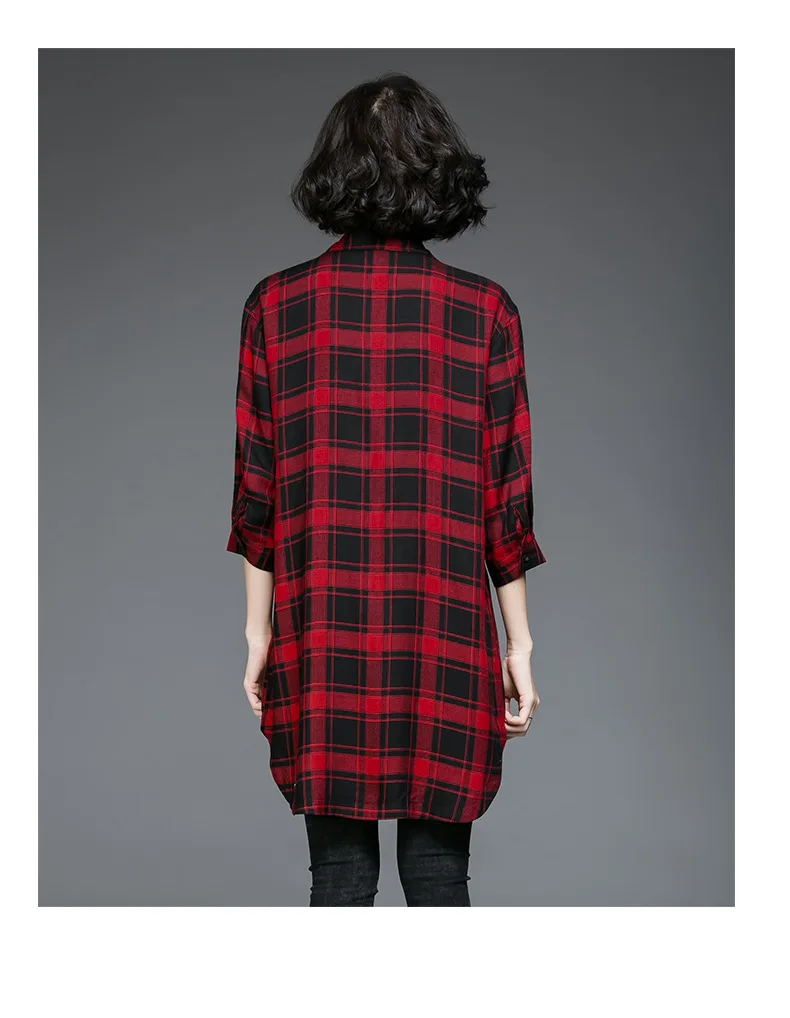 2017 Весна Женщины три четверти рукав длинный клетчатую рубашку поворот воротник