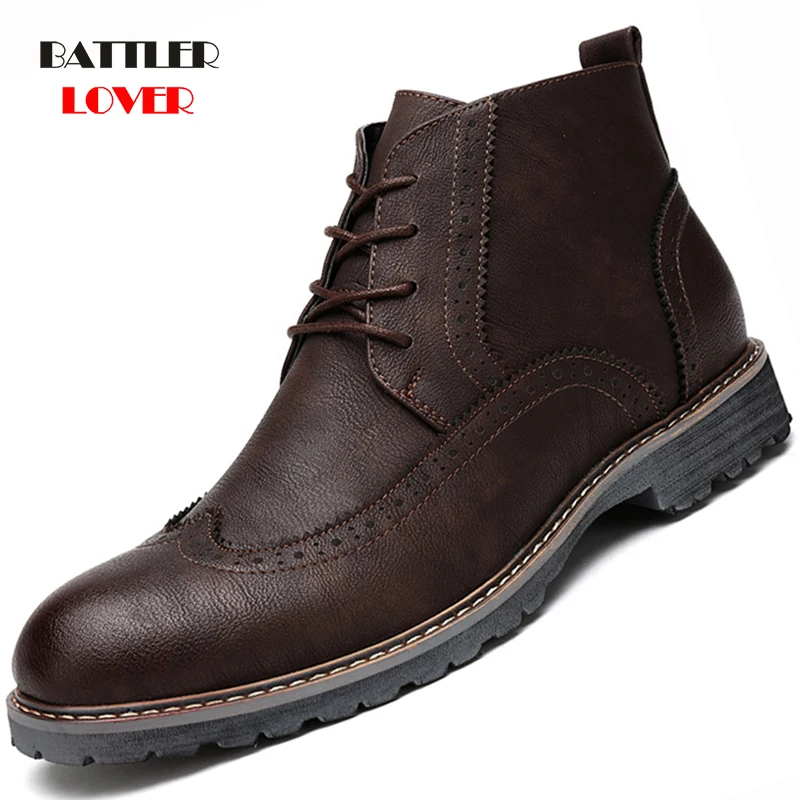 

New Arrival Man Leather Fleece Boots Men Winter Bullock Carved Boots Vintage for Martin Boots Lace-Up Oxfords Men bota masculi