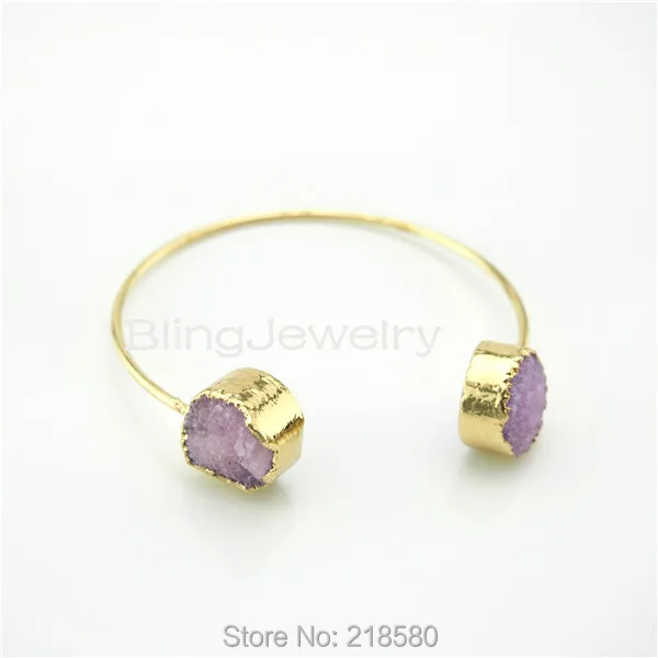 

AB-005 Lilac Purple Druzy Bangle Druzy Freeform Double Stone Adjustable Bracelet Cuff Electroplated in gold