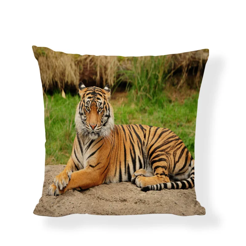 

HD Naughty Tiger Playing In The Grassland Cushion Cover 45*45CM Linen Decoration Home Bedroom Office Sofa Forest Pillowcase