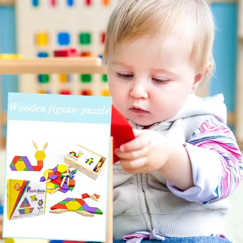 Wooden Tangram Shape Jigsaw Puzzle Box Kids Geometric Macthing Game Board with construction drawings Children Toys | Игрушки и хобби