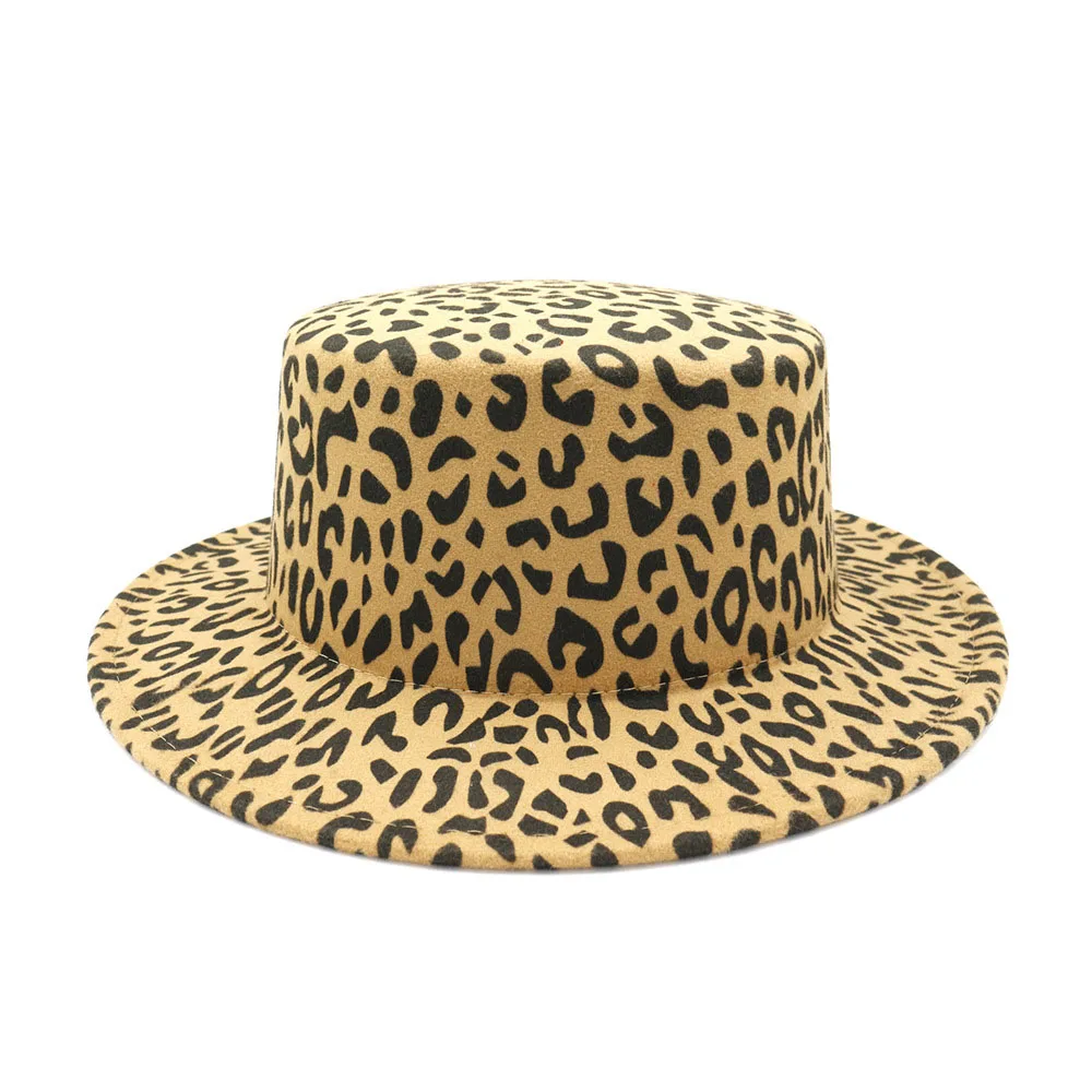 Модная фетровая шляпа с плоским верхом женские шерстяные шляпы леопардовым