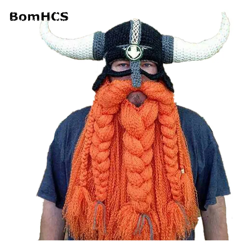 BomHCS Vikings Beanies Beard Horn Hats Handmade Knitted Caps Men's Women Birthday Cool Gifts Party Mask