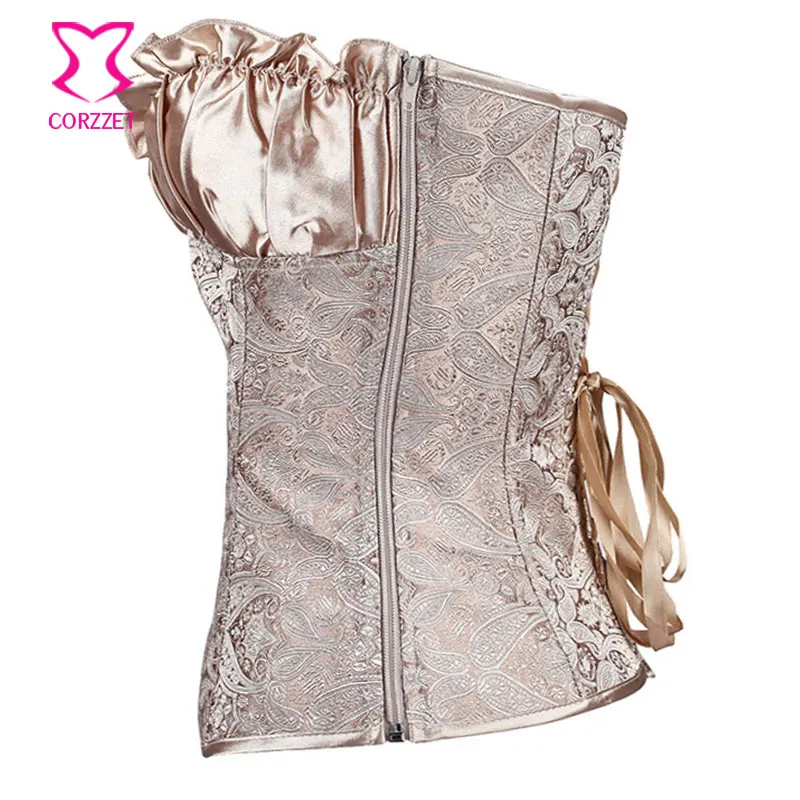 Бежевые атласные корсеты и бюстье с молнией сбоку ремни для похудения размеры до