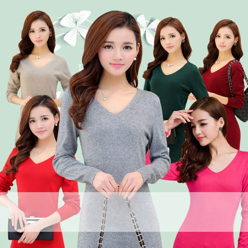 Four Seasons Women's Cashmere V-Neck Pullovers Fashion Pure Color Soft Vest Wool Knitted pullover Slim Sweater | Женская одежда