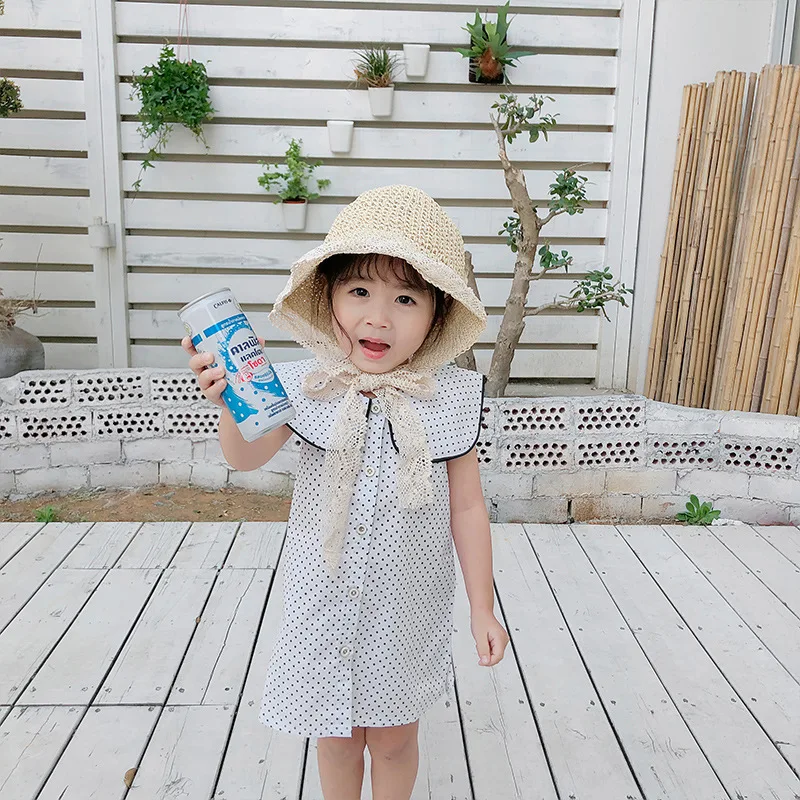 Летнее хлопковое платье принцессы в горошек без рукавов с пуговицами для