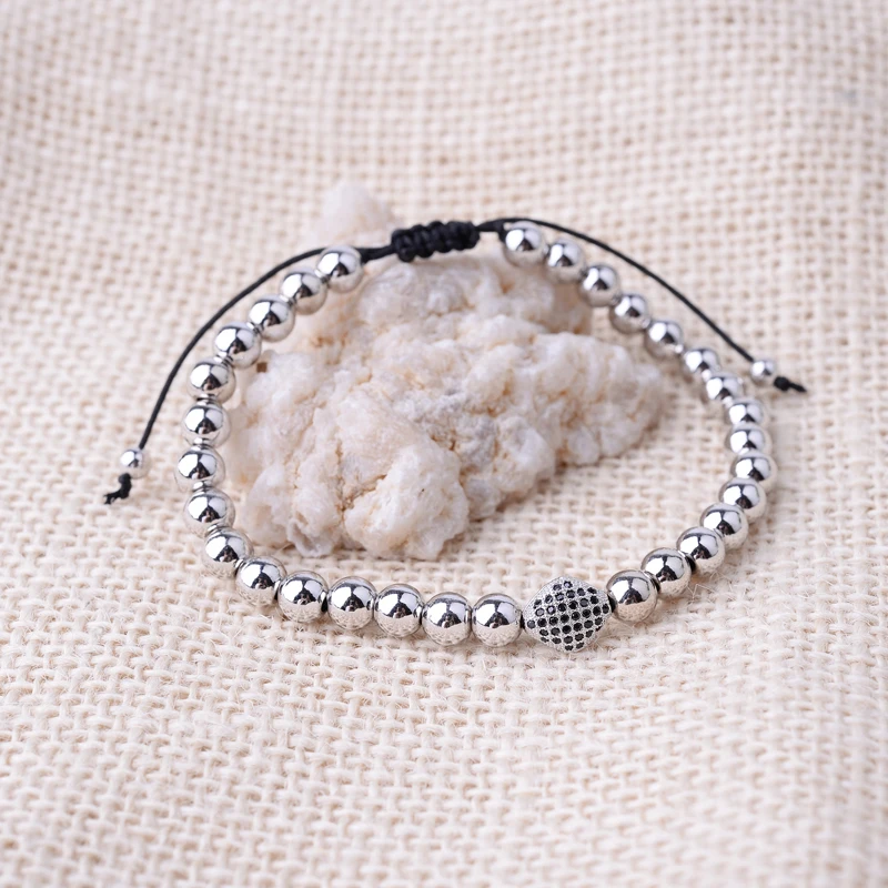 BOJIU Bracelet Men Silver Color Jewelry Strand Braided 6mm Pave Bead Women Black Mirco Zircon Knotted MBC24 | Украшения и