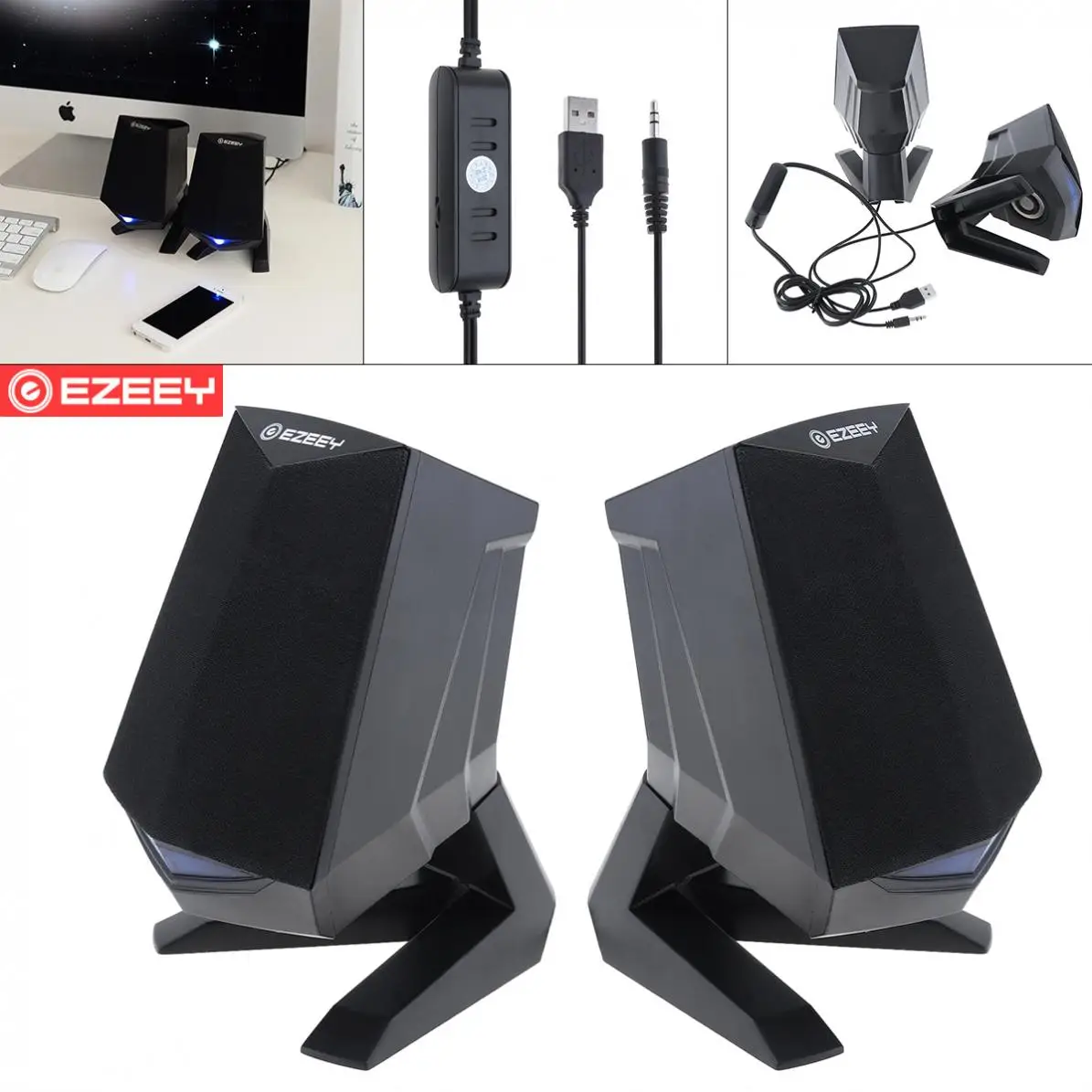 Черный сабвуфер с разъемом аудио 3,5 мм и регулятором громкости для настольного компьютера/ноутбука/мобильного телефона