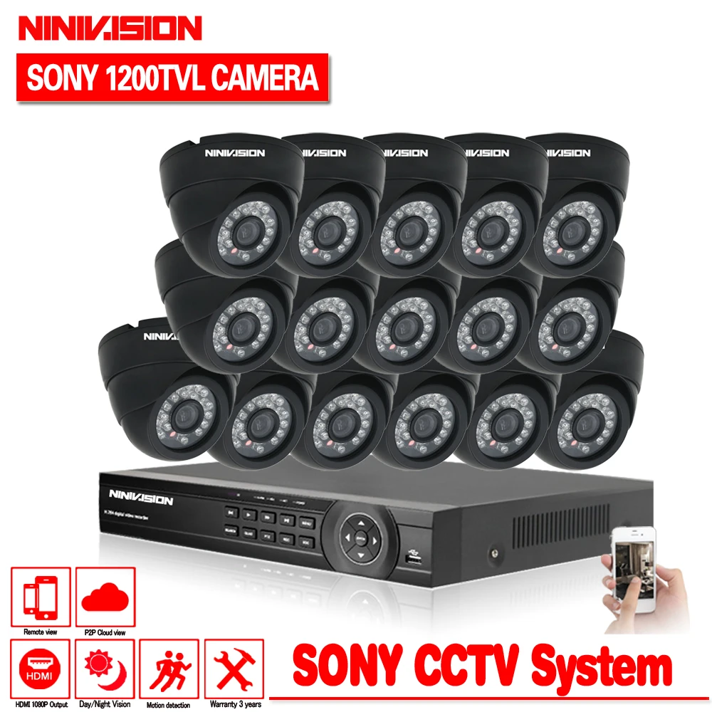 

NINIVISION 16CH 2.0MP CCTV System 16CH 1080P HDMI DVR + 16PCS 720P 1.0MP SONY 1200TVL IR Black Dome AHD Security Camera with 2TB