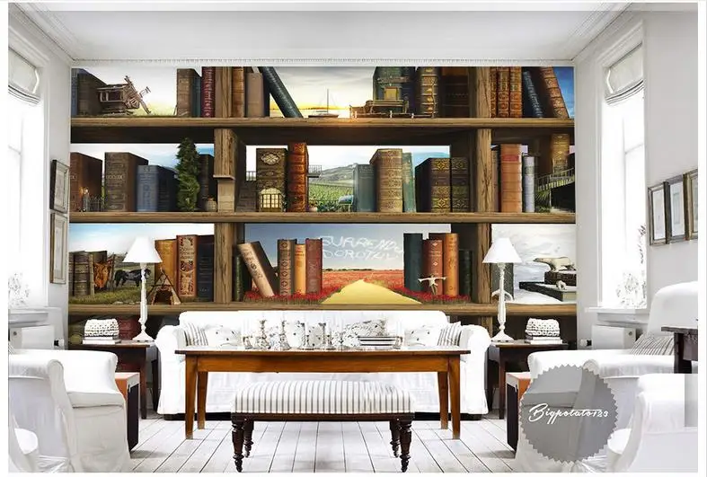 Фотообои 3d фрески обои для стен 3 d книжный шкаф настенные деревянные полки книги