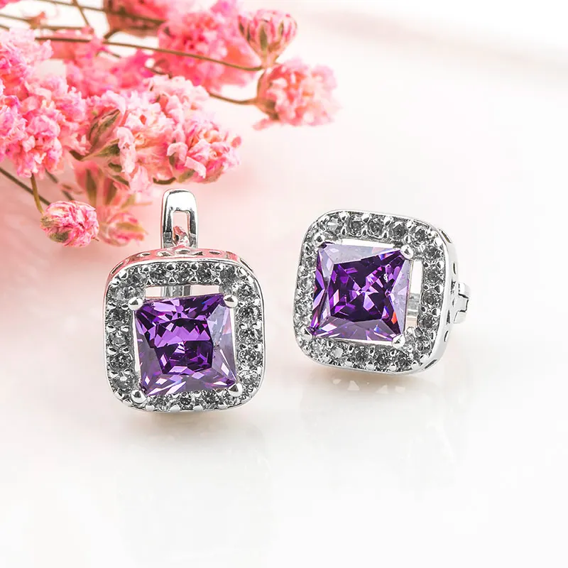 Shuangr серебристый цвет Хооп Серьги Для женщин свадебные Brinco Мода Squar циркон серьги фиолетовый ювелирные изделия