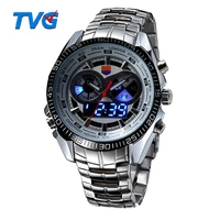 hot tvg male sports watch men full stainless steel waterproof quartz watch digital led analog dual display mens wrist watches