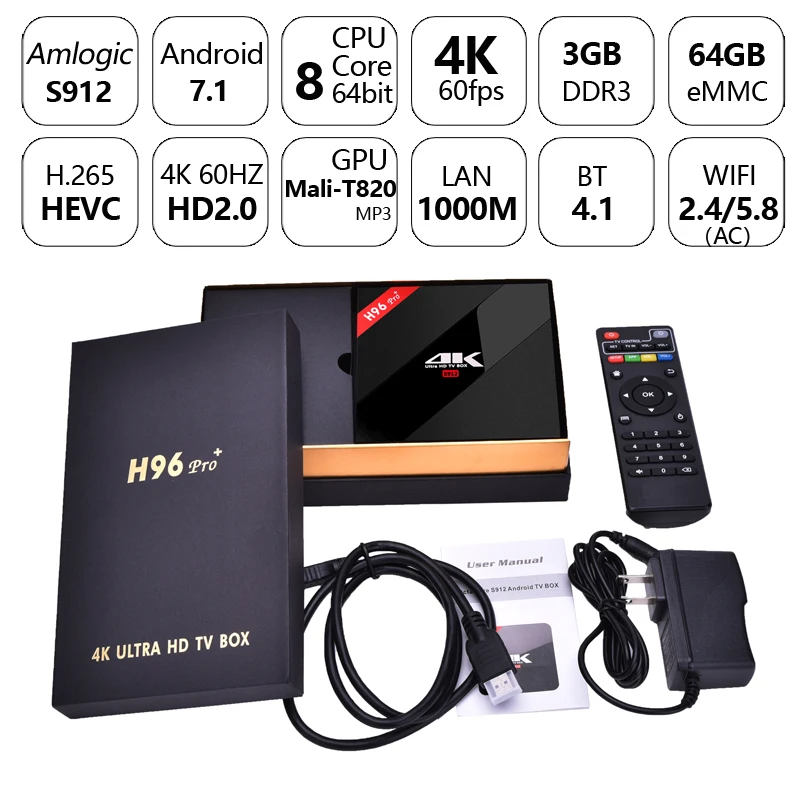 H96 Pro Plus 3 GB 64 ТВ Box Android 7 1 Octa Core 4 K Amlogic S912 Гб 32 2 4g/5 ГГц Wi-Fi BT4.1 1000 м Декодер каналов