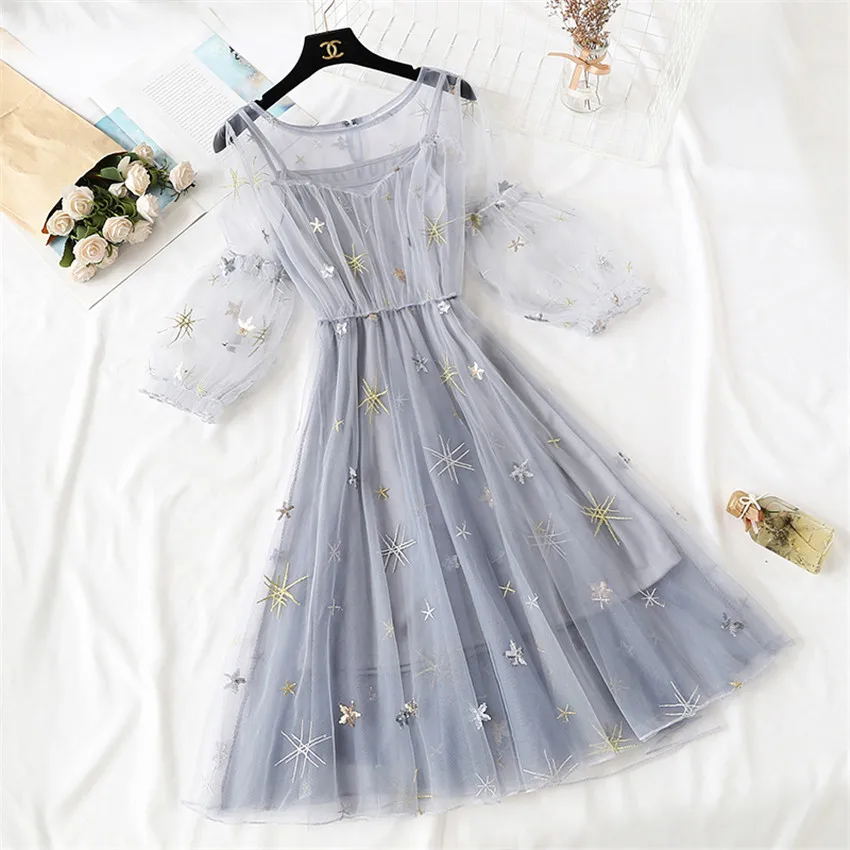 Gowyimmes Summer Two Piece Elegant Women Lantern Sleeve Mesh Dress + Vest Midi Long Party Lace Embroidery Dresses Vestidos PD397 | Женская