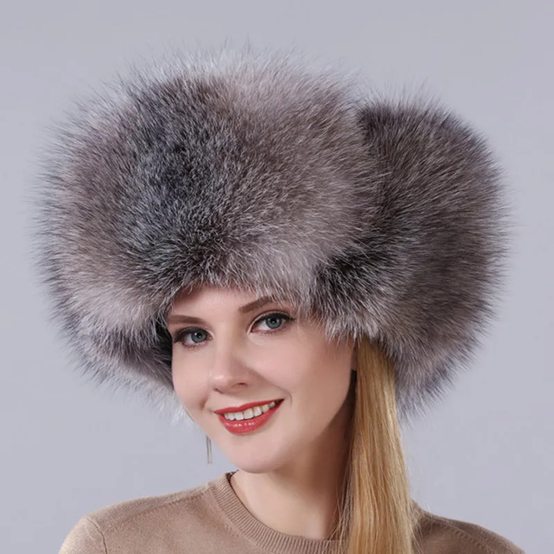 Толстые зимние натуральным Silver Fox Мех енота Кепки унисекс шляпа кожа лыжные Лэй