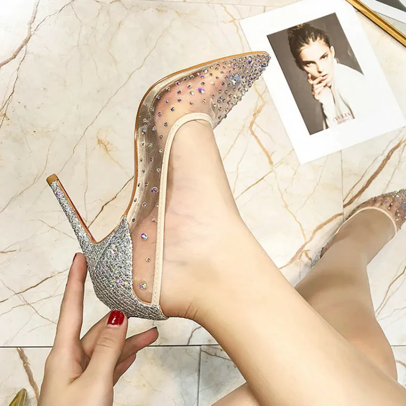 Стразы на высоком каблуке; женские туфли с острым носком на каблуке с кристаллами; Серебристые туфли; туфли-лодочки на высоком каблуке 12 см; вечерние свадебные туфли