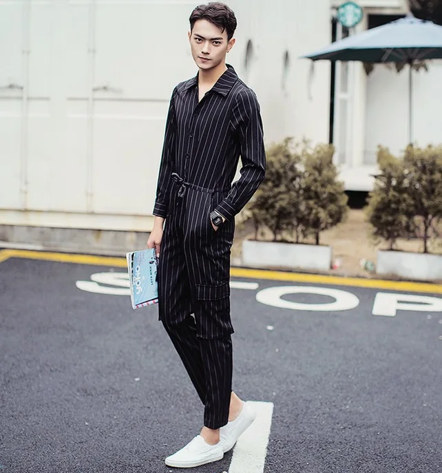 Мужской комбинезон в черно белую полоску повседневные брюки Корейском стиле