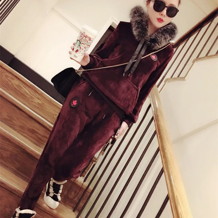 wine red S-3XL зима новые золотые бархатные женские наборы Модный меховой воротник с капюшоном свитер плюс бархат двухсекционный костюм женский QW19 - Цвет: wine red