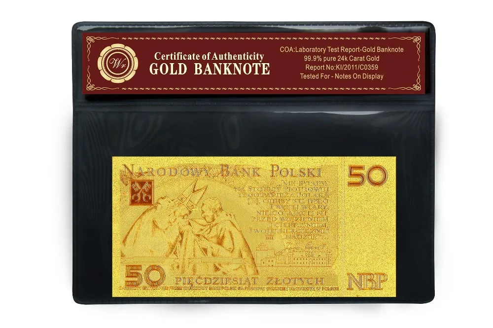 Уникальная металлическая ручная работа Польша 50 позолоченных банкнот чистое