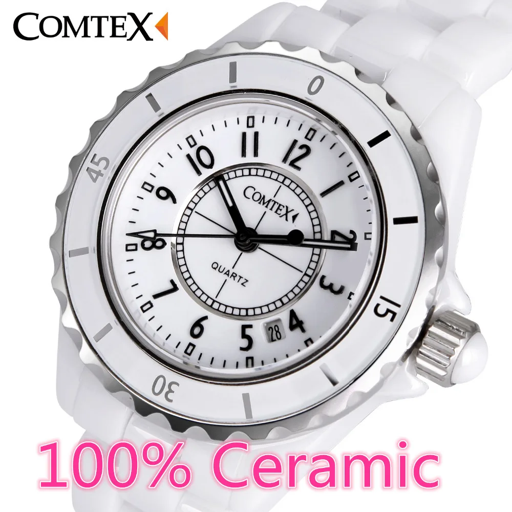 COMTEX часы женские Швейцарский Моды Белые керамические Часы женщины Кварц платье