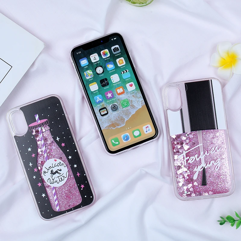 Liquid Glitter Case For iPhone X Silicone TPU PC Bottle Quicksand Cover 5 5S SE 6 6s 7 8 Plus Dynamic Fundas |