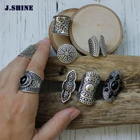 jshine new bohemia jewelry ring set tibetan silver color ring 8pcsset female costume rings for women vintage indian jewelry