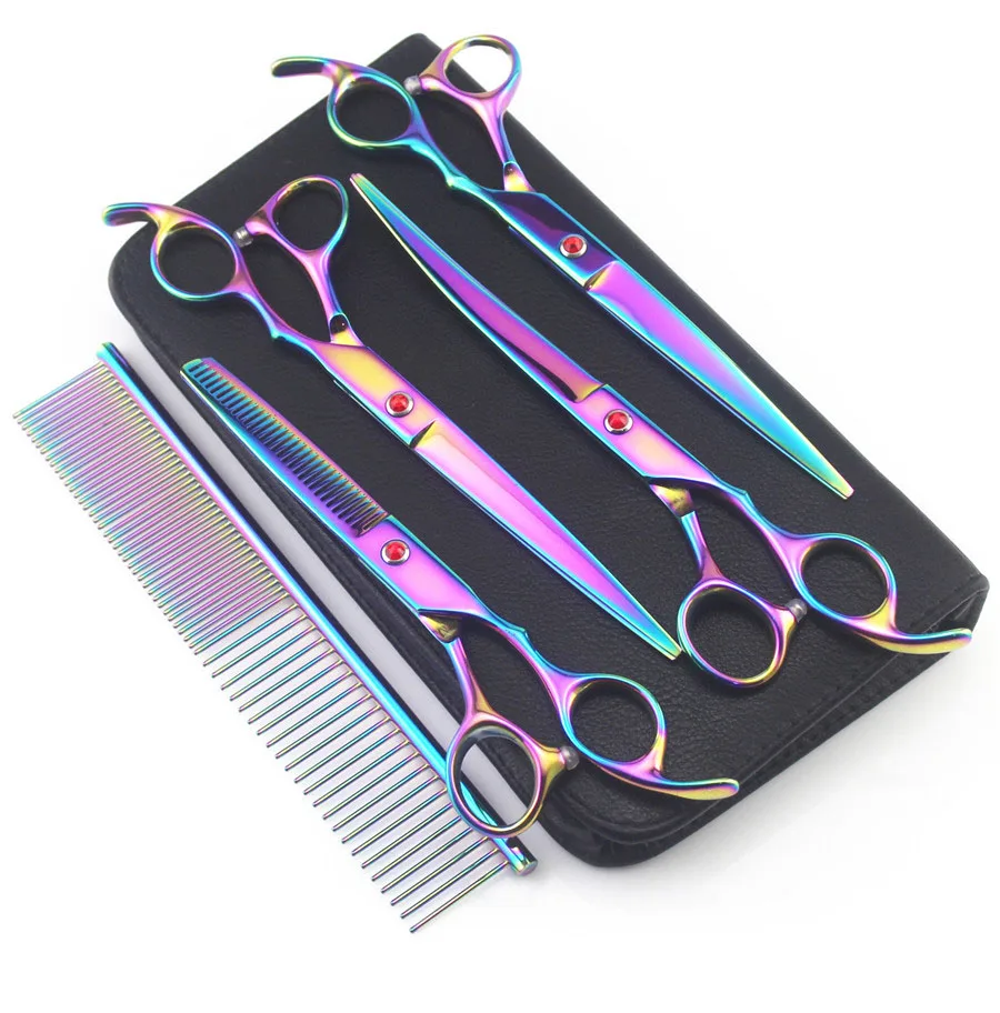 4 scissors add comb 7,0 дюймов профессиональные ножницы для домашних животных для ухода за собакой высококачественные прямые и истончающие и изогнутые ножницы - Цвет: 4 scissors add comb