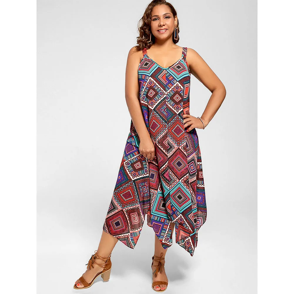 Летнее платье женщин плюс размер ретро Бохо пляжное Тонкий ремешок с