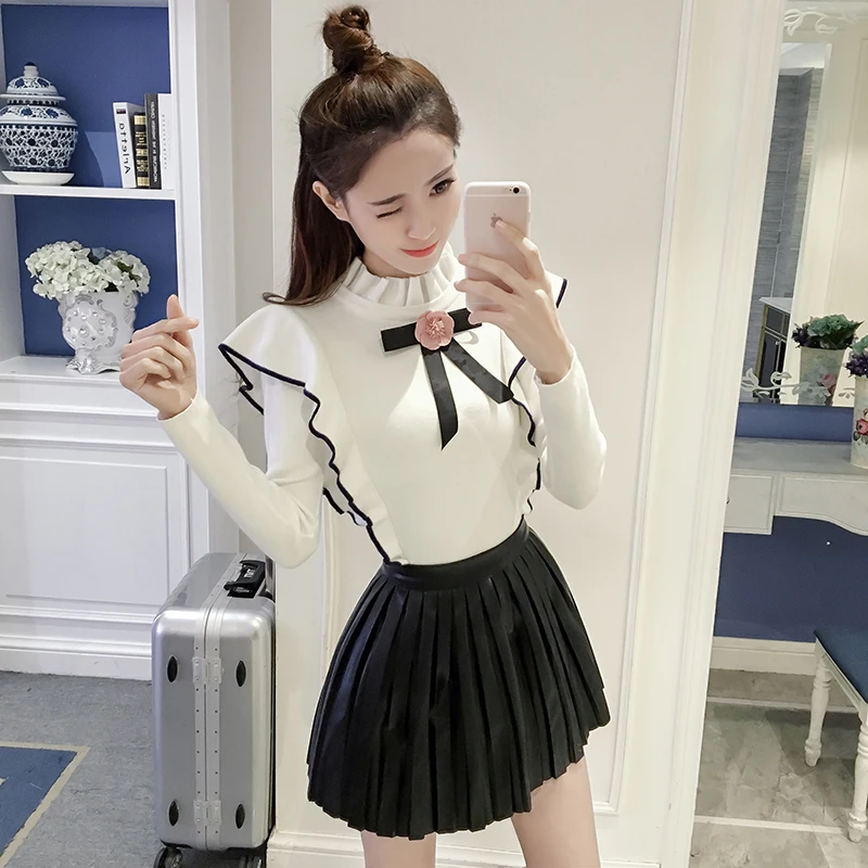Zarachiel Harajuku сладкий Воланы лук Аппликации для женщин Зимний свитер с длинным рукавом Вязание пуловеры Pull Femme джемпер топы для девочек