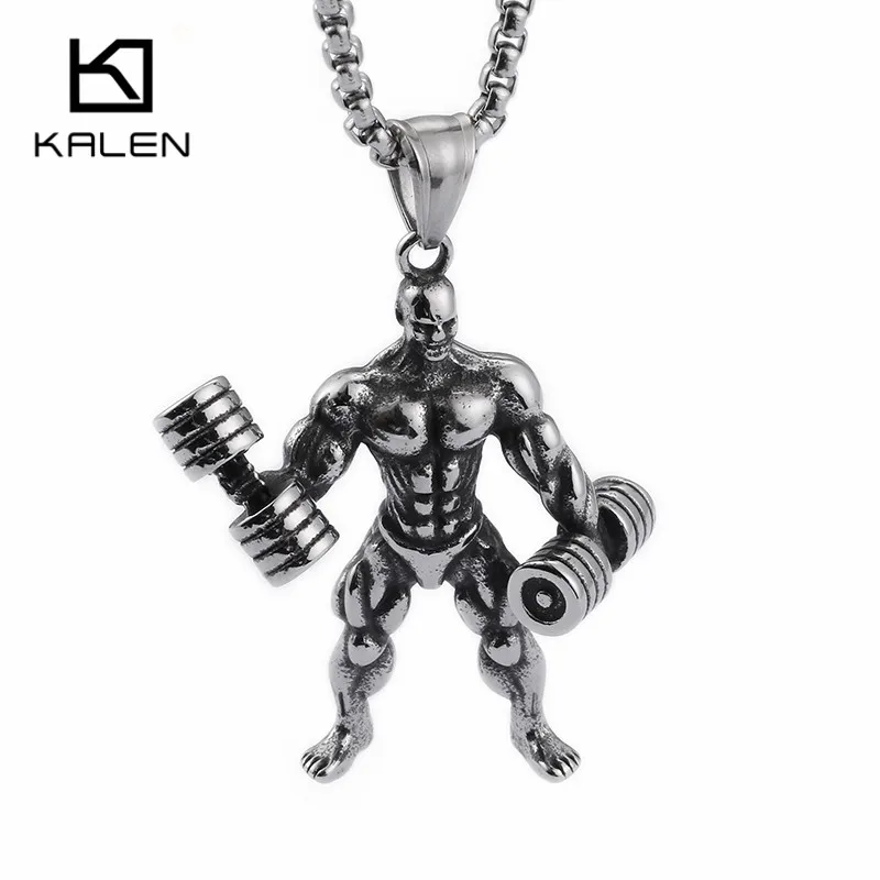 KALEN хип-хоп фигура мышцы Мужская подвеска для мужчин нержавеющая сталь серебро золото гантели тренажерный зал Ожерелье «Фитнес» спортивные ювелирные изделия