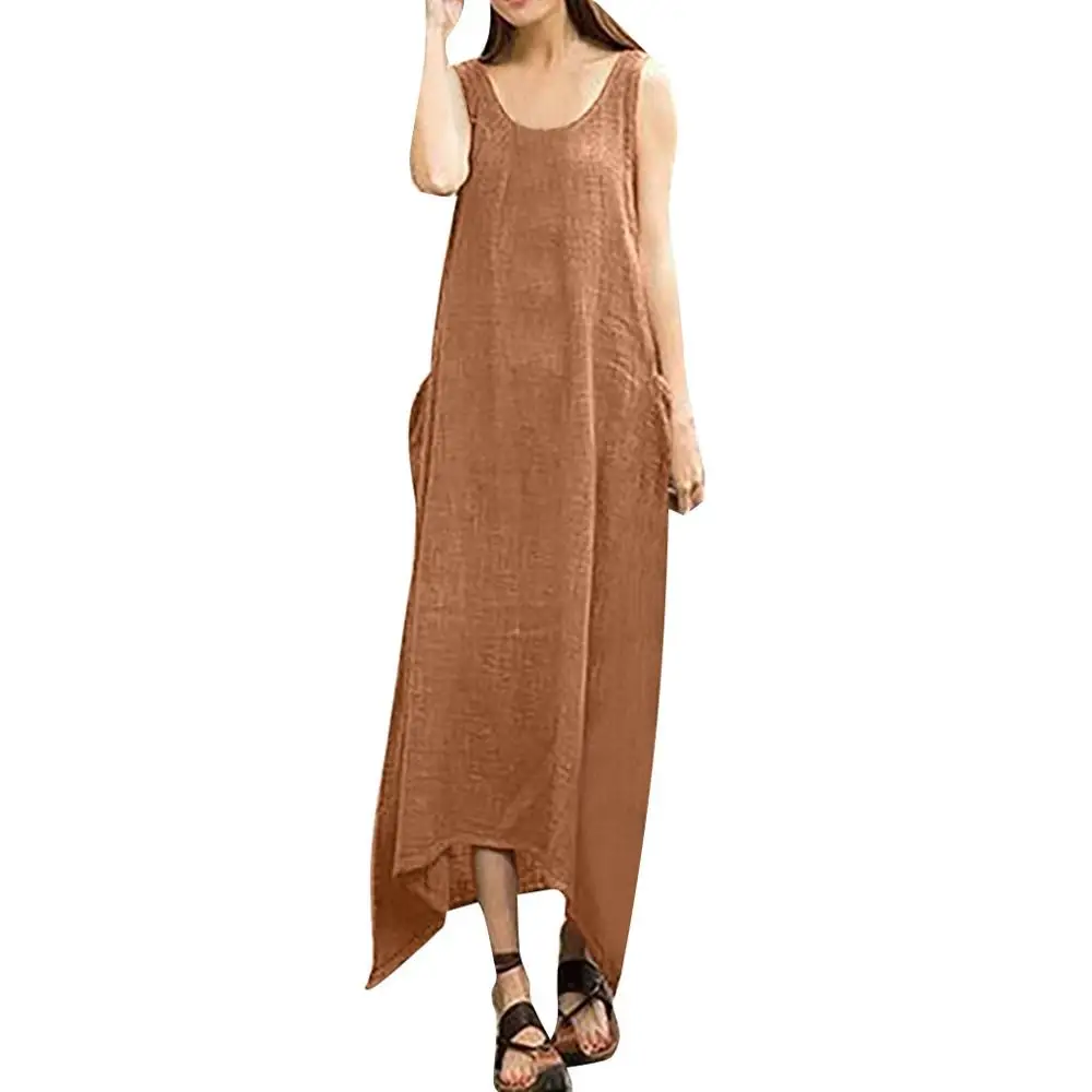 Dresses Винтажное платье в стиле бохо, без рукавов, из хлопка и льна, необычное, круглый воротник, повседневное, для женщин, плюс размер, длинное, макси, платья jurken zomer#15 - Цвет: Dresses