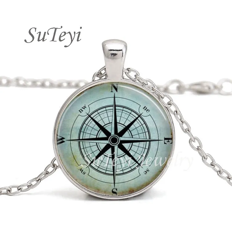 silver4 SUTEYI Горячая круглая бижутерия со стеклянными кабошонами стимпанк ожерелье подвеска с компасом винтажные ожерелья для мужчин и женщин - Окраска металла: silver4