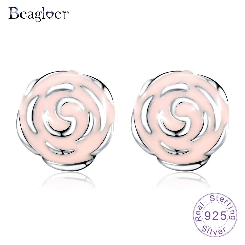 Beagloer Новинка 2017 года 925 серебро Rose Garden розовой эмалью Серьги гвоздики Свадебные