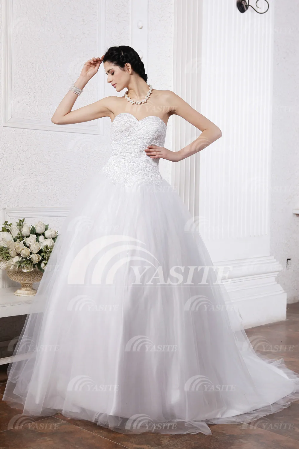 2014 in stock retro noble bridal A-line sweetheart wedding dress appliques floor length white organza zipper dresses | Свадьбы и