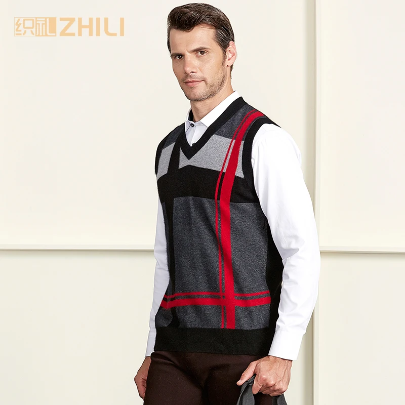 High Quality 100% Cashmere Mens V Neck Sleeveless Argyle Sweater Vest 2018 New Fashion