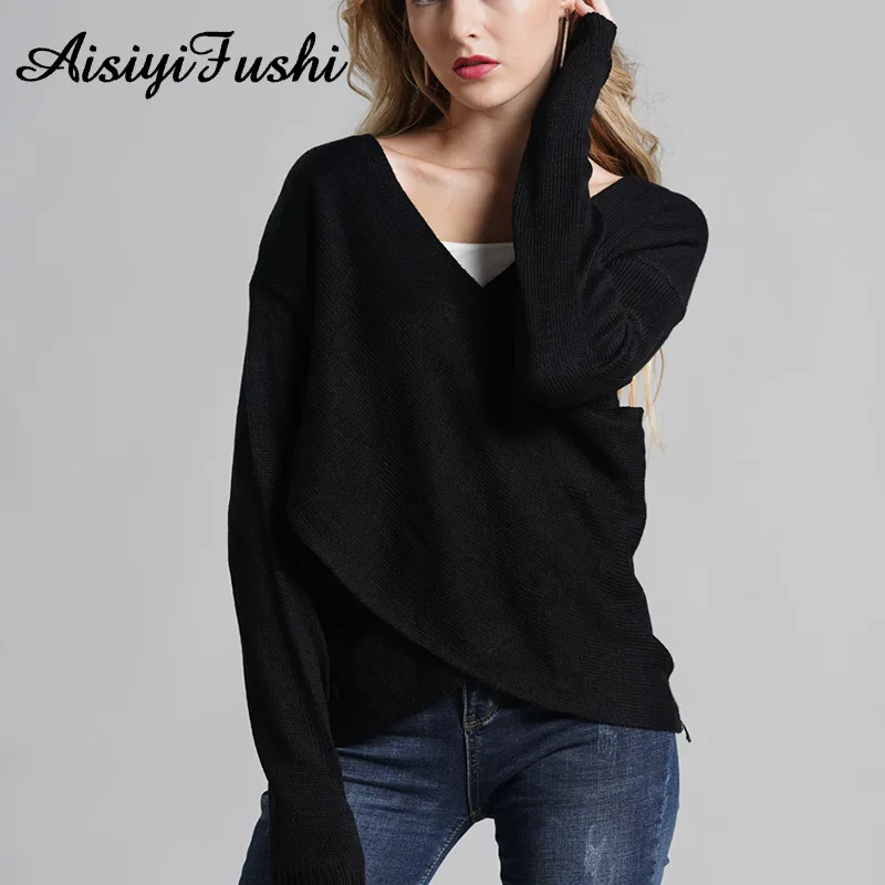 Сексуальный v-образный вырез крест Вязание Для женщин Свитера пуловеры осеннее