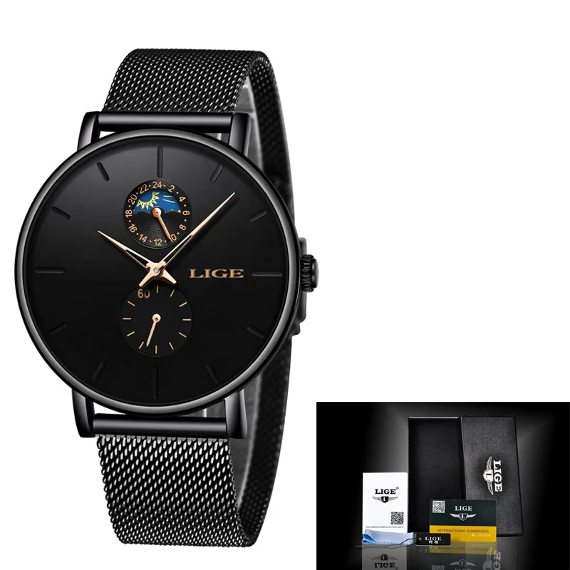 Full black gold LIGE Мужские часы от ведущего бренда, роскошные кварцевые мужские часы с сетчатым ремешком, Роскошные водонепроницаемые спортивные часы для мужчин, мужские часы, мужские наручные часы - Цвет: Full black gold