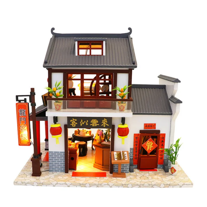 

Creative Wooden Hand-assembled cottage Model for Retro-Chinese Attic with Cover
